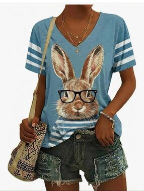 Blue V-Neck Bunny Graphic Tee with Glasses